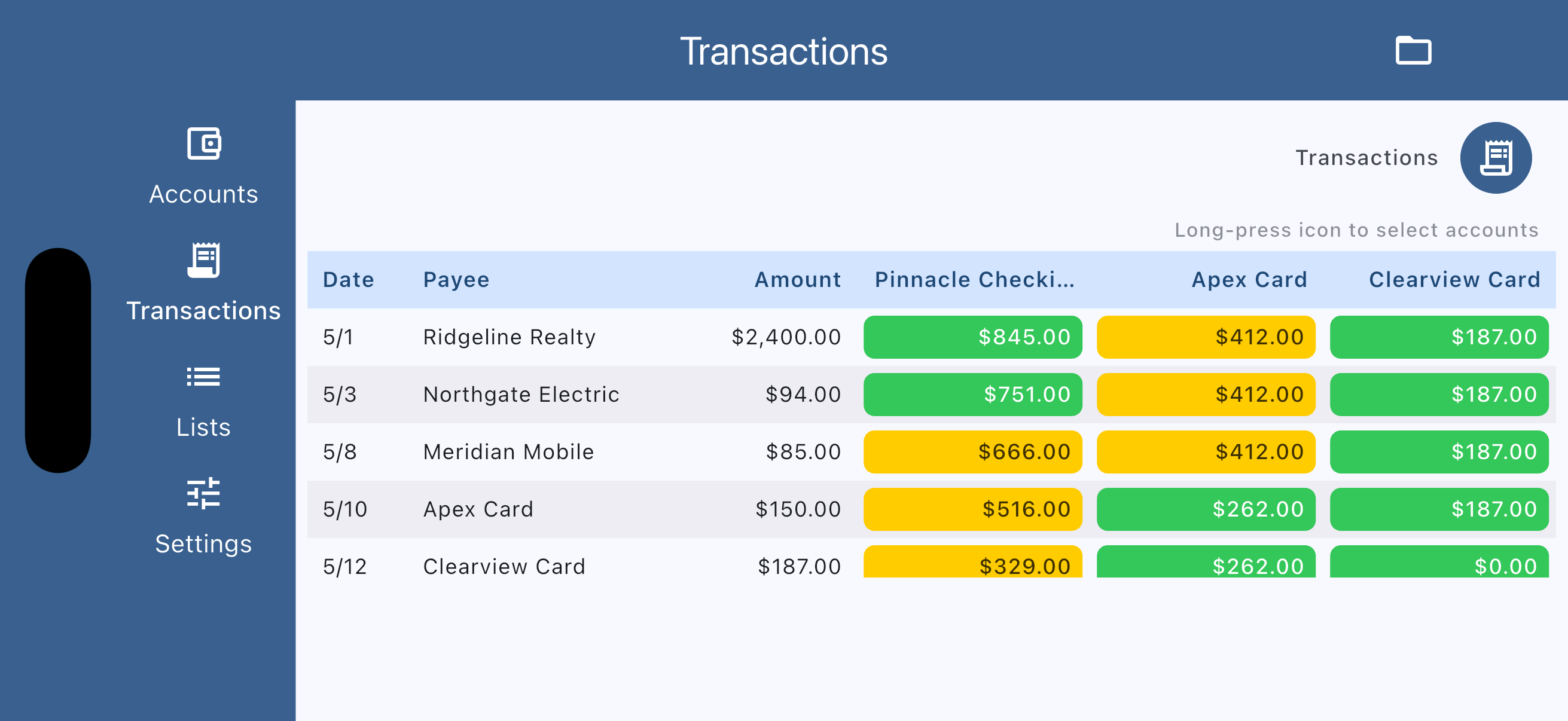 Green Runway running balance view on iPhone showing projected account balances across upcoming transactions