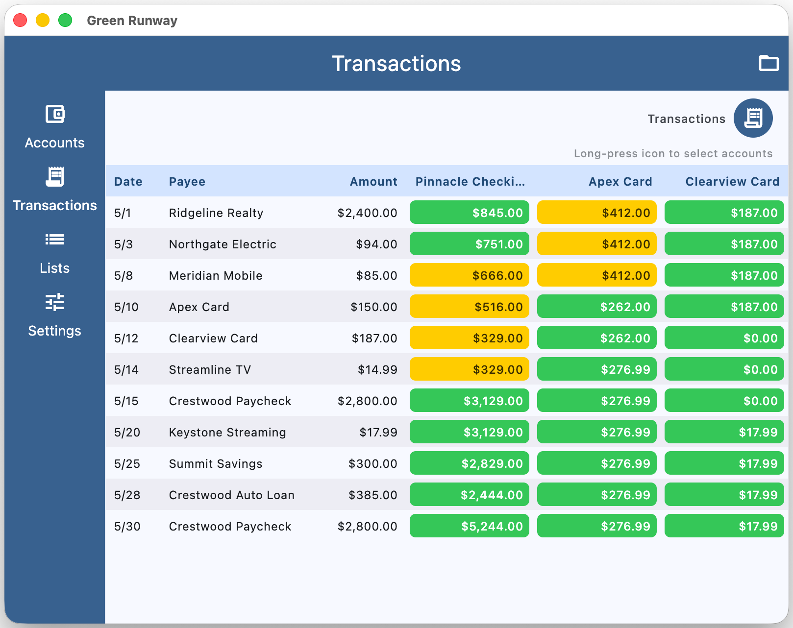 Green Runway running balance view showing projected account balances across upcoming transactions
